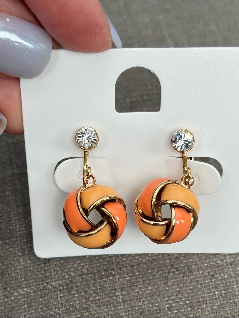 Orange Enamel Knot Rhinestone Clip-On Dangle Earrings